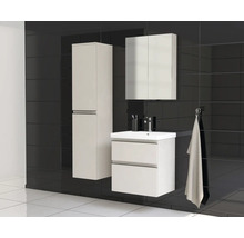 Salle de bains avec meuble sous-lavabo, armoire de toilette et armoire haute