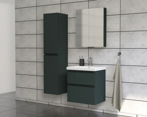 Salle de bains avec meuble sous-vasque, armoire de toilette et armoire haute