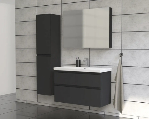 Salle de bains avec meuble sous-vasque, armoire de toilette et armoire haute