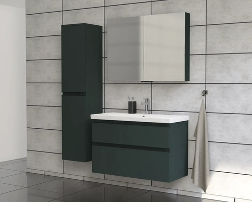 Ensemble de salle de bains moderne avec lavabo, armoire de toilette et armoire haute