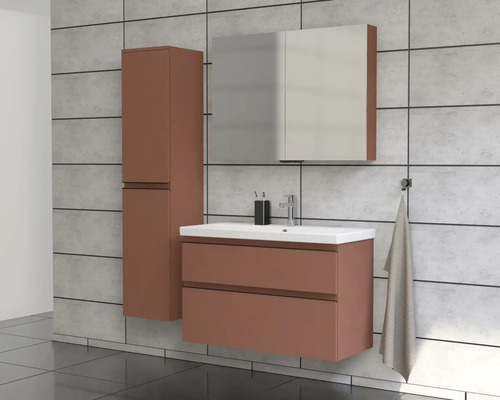 Salle de bains avec meuble sous-lavabo, armoire de toilette et armoire haute