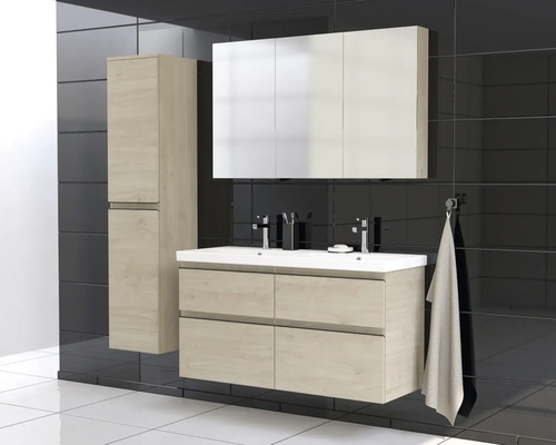 Salle de bain avec meuble sous-lavabo, armoire de toilette et armoire haute