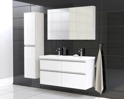 Ensemble de salle de bains moderne avec lavabo, armoire de toilette et armoire haute