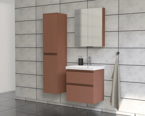 Salle de bain avec meuble-lavabo, armoire de toilette et armoire haute