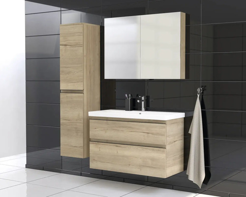 Badezimmer-Set mit Waschtisch, Spiegelschrank und Hochschrank im modernen Design