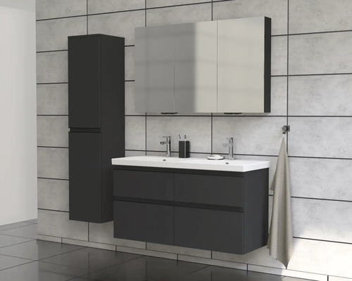 Modernes Badezimmerensemble mit Waschtisch, Spiegelschrank und Hochschrank