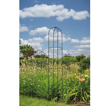 Support pour plantes en métal dans un jardin avec des fleurs et un ciel bleu