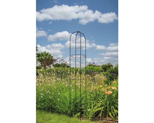 Support pour plantes en métal dans un jardin avec des fleurs et un ciel bleu