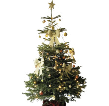 Geschmückter Weihnachtsbaum mit Schleifen, Christbaumkugeln, Lichterkette und Sternspitze