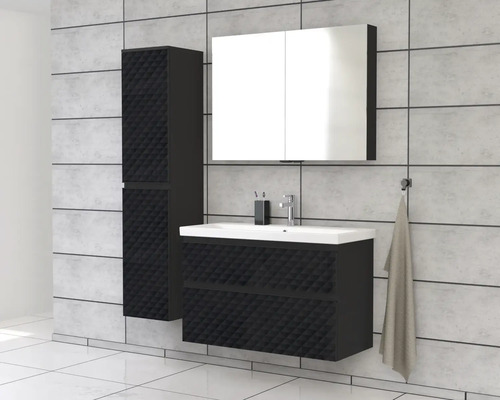 Ensemble de salle de bains moderne avec meuble-lavabo, armoire de toilette et armoire haute dans un style sombre