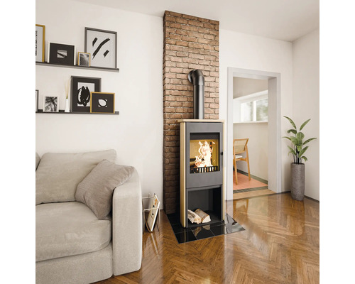 Wohnzimmer mit Kaminofen, Sofa, Regalen und Dekoration