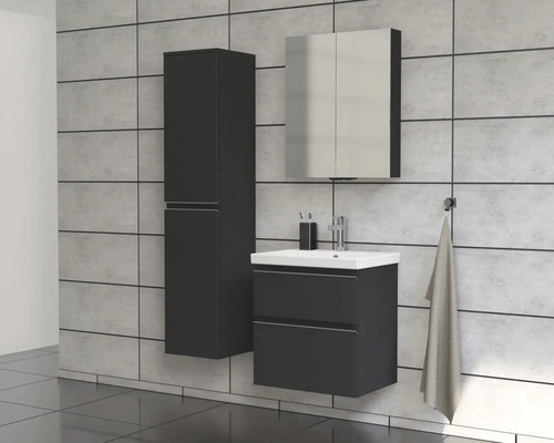 Salle de bain avec meuble sous-lavabo, armoire de toilette et armoire haute