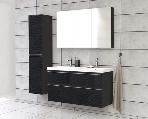 Salle de bains moderne avec meuble-lavabo, armoire de toilette et armoire haute en noir et blanc