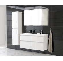 Badezimmer mit weißem Waschtischunterschrank, Spiegelschrank und Hochschrank vor schwarzer Wand