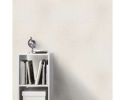 Weißes Bücherregal mit Büchern, einer Weltkugel und einer Schachtel