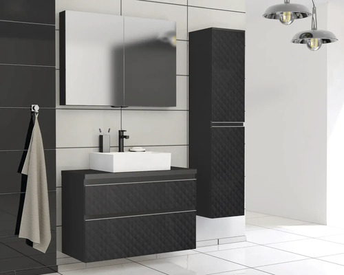 Modernes Badezimmer mit Waschtisch, Spiegelschrank und Hochschrank in dunkler Farbe