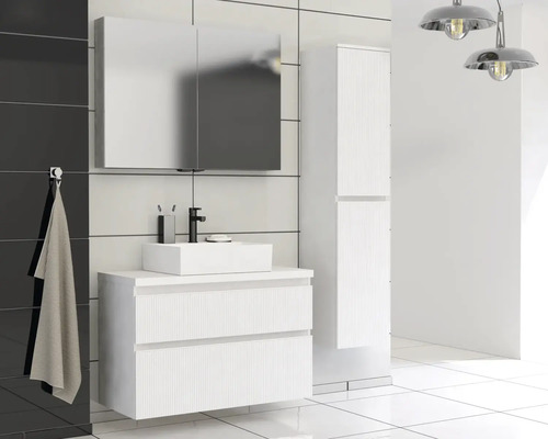 Badezimmer mit Waschbeckenunterschrank, Spiegelschrank und Hochschrank