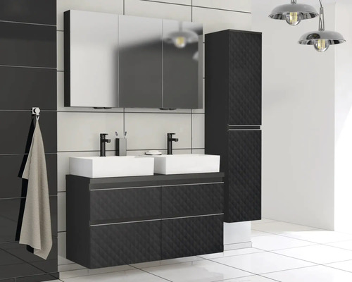 Modernes Badezimmer mit Waschtisch, Spiegelschrank und Hochschrank