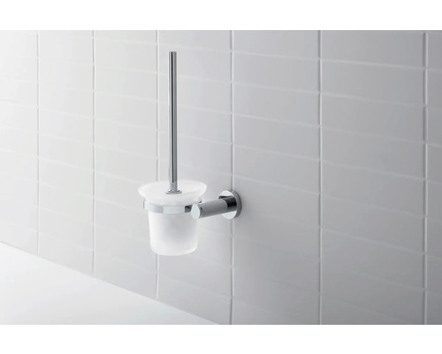 Wandmontierte WC-Garnitur mit Behälter und Bürste aus Metall und Glas