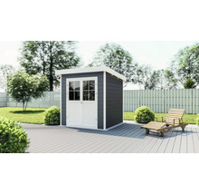Gartenhaus mit Doppeltür auf einer Terrasse mit einem Liegestuhl