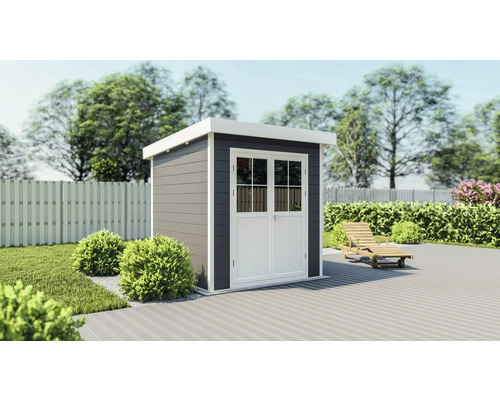 Abri de jardin avec double porte et toit à deux versants dans le jardin