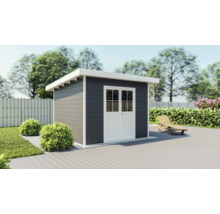 Gartenszene mit Gerätehaus mit Doppeltür und Holzliege
