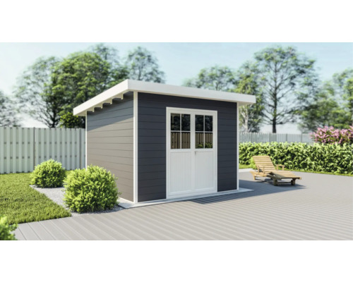 Gartenszene mit Gerätehaus mit Doppeltür und Holzliege