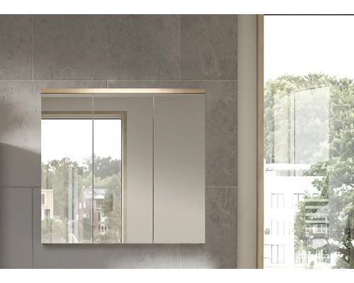 Armoire de toilette dans une salle de bains avec plusieurs portes au mur.