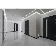 Hall d''entrée avec portes, éclairage et sol carrelé