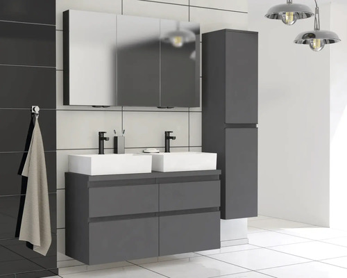 Salle de bain moderne avec double vasque, armoire de toilette et armoire haute