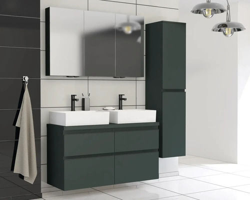 Salle de bain moderne avec meuble-lavabo double, armoire de toilette à miroir et armoire haute pour un aménagement élégant