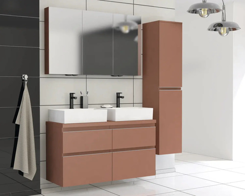 Salle de bains moderne avec double vasque, armoire de toilette et armoire haute