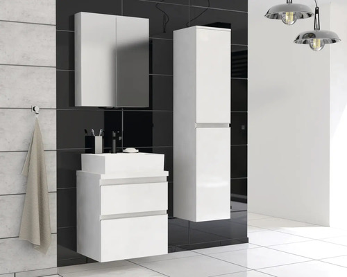 Modernes Badezimmer-Set mit Waschtisch, Spiegelschrank und Hochschrank in Weiß