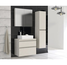 Badezimmer mit Waschtischunterschrank, Aufsatzwaschbecken, Spiegelschrank und Hochschrank