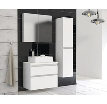 Badezimmer mit Waschbeckenunterschrank, Spiegelschrank und Hochschrank in einem hellen und organisierten Stil