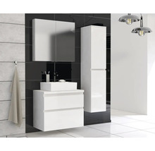 Badezimmer mit Waschtisch, Spiegelschrank und Hochschrank in heller Ausführung