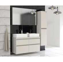 Salle de bains avec meuble sous-lavabo, deux lavabos, armoire de toilette et armoire haute