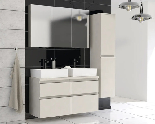 Salle de bains avec meuble sous-lavabo, deux lavabos, armoire de toilette et armoire haute