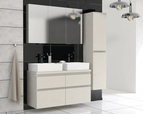 Ensemble de salle de bains avec meuble sous-lavabo, vasque à poser, armoire de toilette et armoire haute