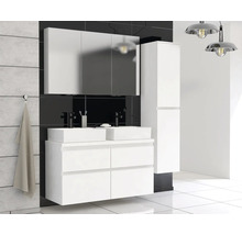 Modernes Badezimmerensemble mit Spiegelschrank, Waschtischunterschrank, zwei Aufsatzwaschbecken und Hochschrank