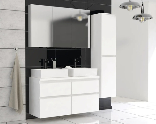 Modernes Badezimmerensemble mit Spiegelschrank, Waschtischunterschrank, zwei Aufsatzwaschbecken und Hochschrank