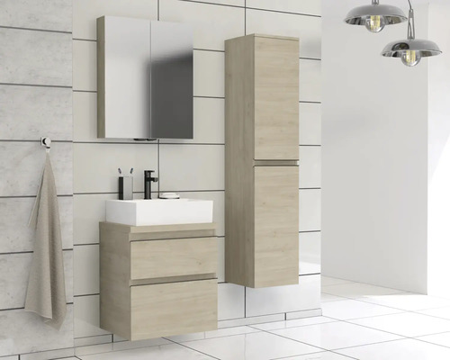 Badezimmer-Set mit Waschbeckenunterschrank, Spiegelschrank und Hochschrank