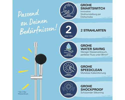 Grohe Duschsystem mit Grohe SmartSwitch, zwei Strahlarten, Grohe Water Saving, Grohe SpeedClean und Grohe Shockproof Funktionen