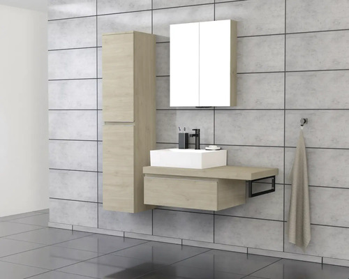 Modernes Badezimmer-Set mit Waschtisch, Spiegelschrank und Hochschrank