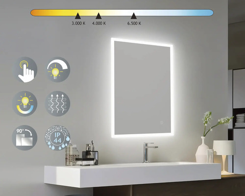 Beleuchteter Spiegel mit Touchsensor, einstellbarer Lichtfarbe und IP44-Schutz