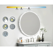 Miroir LED rond avec capteur tactile pour le contrôle de la lumière et indice de protection IP44 dans la salle de bain.