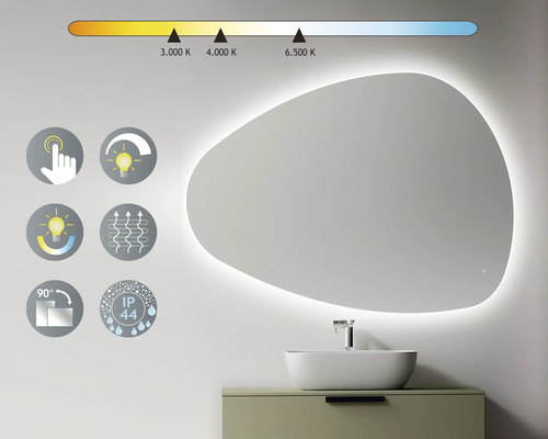 Miroir lumineux avec fonction tactile, température de couleur réglable, fonction antibuée, indice de protection IP44 et fonction de rotation à 90 degrés dans la salle de bain