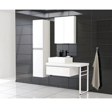 Badezimmer mit Waschbecken, Unterschrank, Spiegelschrank und Hochschrank vor einer dunklen Wand