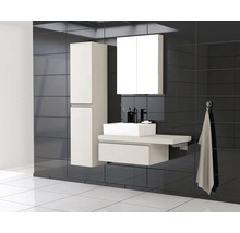 Modernes Badezimmer mit Waschtisch, Spiegelschrank und Hochschrank vor dunklem Fliesenhintergrund