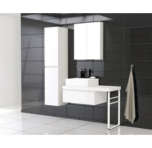 Badezimmer mit Waschtisch, Spiegelschrank und Hochschrank vor schwarzer Wand